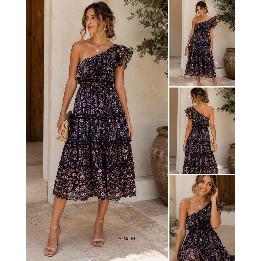Vince Camuto One Shoulder Floral Chiffon Midi Dress 8 Romantic Boho Wedding
